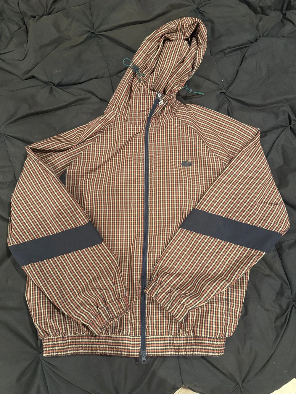 Lacoste Brown & Navy Checked Hooded Windbreaker size M
